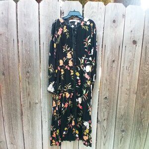 Zara Trafaluc Dress Womens Sz M Black Floral Print Slim Button Closure Slit Side